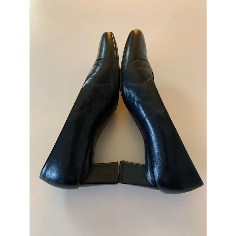 Villager Navy Leather Block Heel Pumps Classic Career Shoes Size 6 M